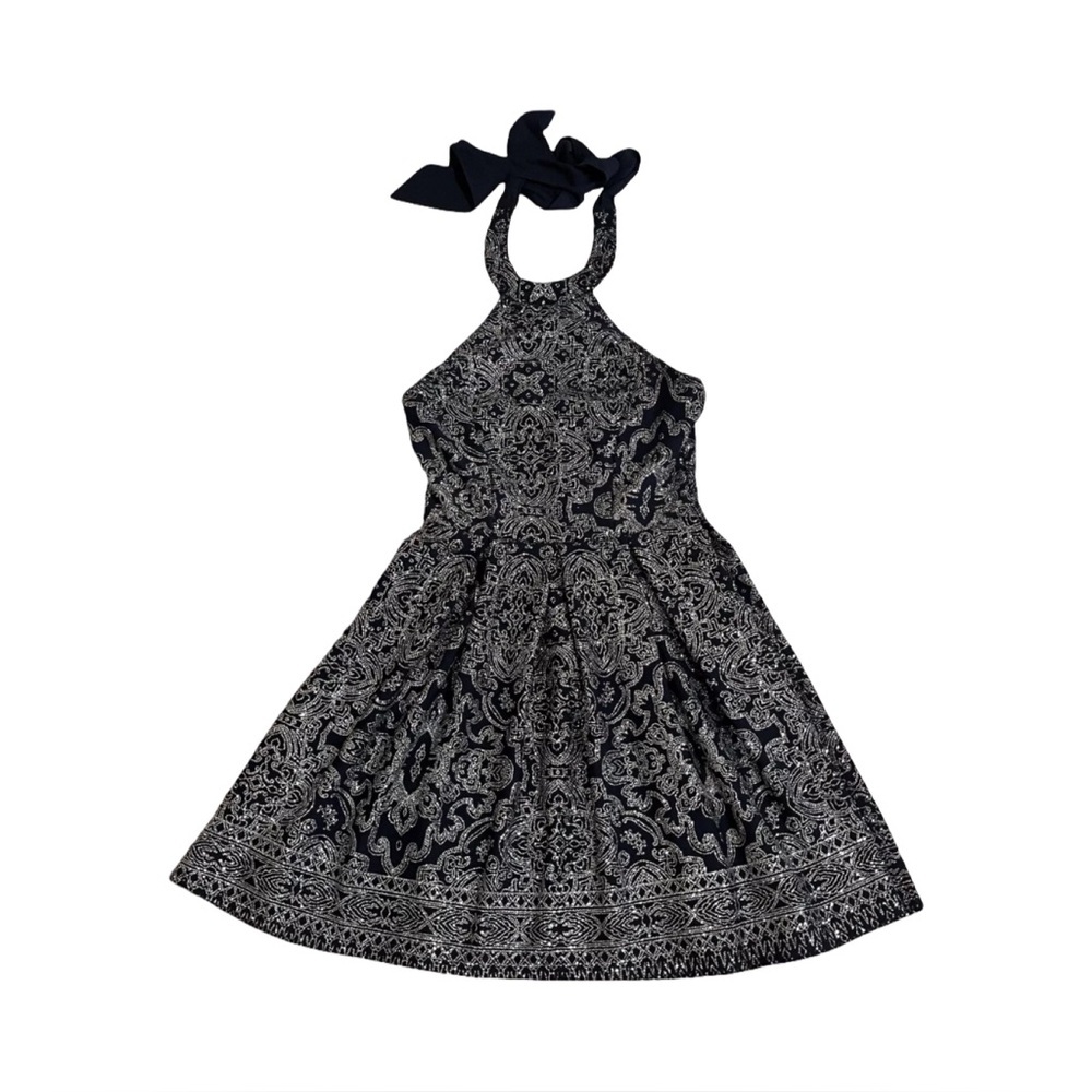 Camille La Vie Navy Silver Glitter Damask Halter Fit Flare Cocktail Dress 5/6